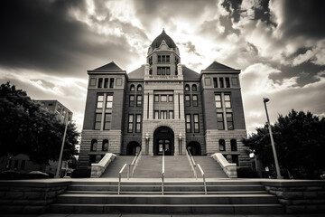black and white photo of court building, black and white photo  of  a historical governments building, historical building