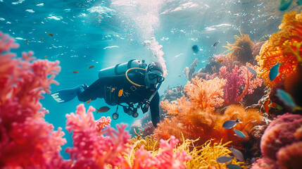 Fototapeta na wymiar Scuba diver and tropical fish in a colorful and healthy underwater coral reef ecosystem