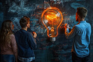 Creative marketing team drawing concepts on a clear whiteboard vibrant thoughts in a lively atmosphere