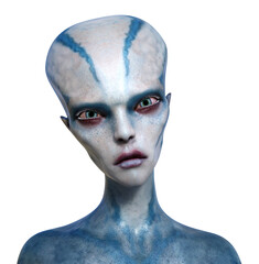 Illustration of a female alien with a large bald skull looking forward with a unhappy expression against a white background.