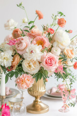 Arrangement of pink roses, peonies and ranunculus flowers in a vintage gold vase.