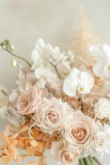 Obraz premium Close-up image of white and light orange orchids and pink roses