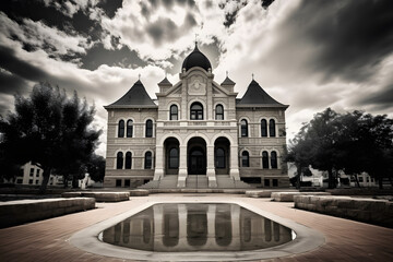 black and white photo of court building, black and white photo  of  a historical governments building, historical building