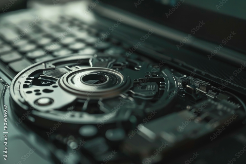 Poster close up of a laptop with a disk on top. suitable for technology concepts