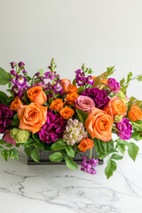 Obraz premium Floral arrangement of colorful roses, peonies, anemones, ranunculus and wildflowers in a vintage vase