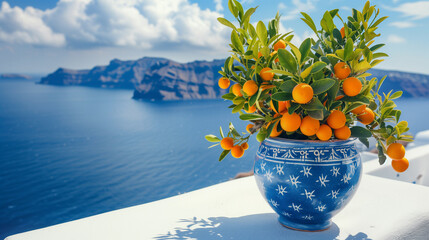 Tangerine kumquat tree in a ceramic pot on a white terrace with sea view.