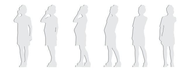 Vector conceptual gray paper cut silhouette of a pregnant woman talking on the phone from different perspectives isolated on white. A metaphor for motherhood, communication, connection, hope future