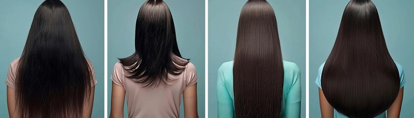 Naklejka premium Before and after studio comparison of a womans hair damaged by heat, showing the transformative effects of a keratin treatment