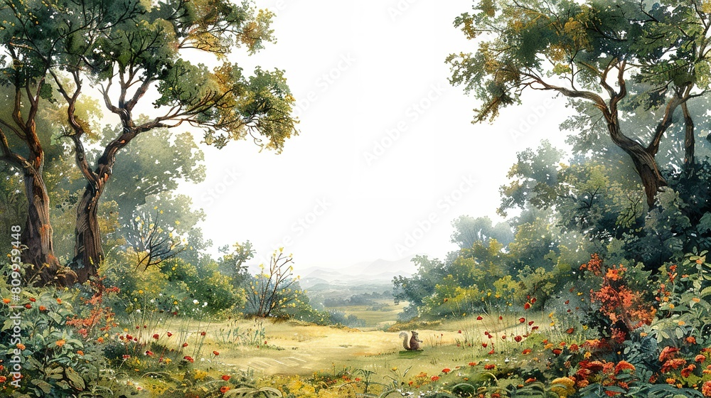 Poster nature scene with many trees and squirrels copy space for text --ar 16:9 --stylize 750 job id: 413e0