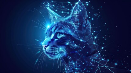 Cat head made of polygonal lines and dots. Polygonal mosaic. Blue cat head full face isolated from background AI generated