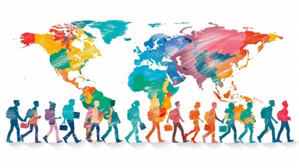 Digital representation of globalization in action, showing individuals from different cultural backgrounds working together in a modern global office environment