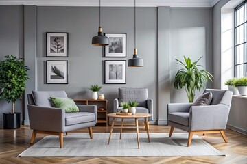 Gray living room interior with armchairs and coffee table.