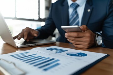 Obraz premium Hands with papers on a desk in a meeting room, business people analyzing and discussing research documents