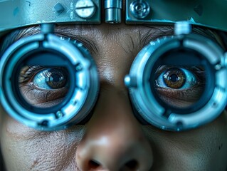 Modern optometrist office featuring advanced eye testing equipment, focused on diagnosing eye...