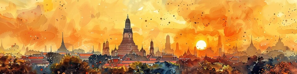 Magnificent Ayutthaya Ruins Bathed in Vibrant Sunset Glow A Captivating Watercolor Depiction of
