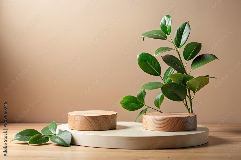 Canvas Prints Wooden podium with ficus plant on wooden table against beige background