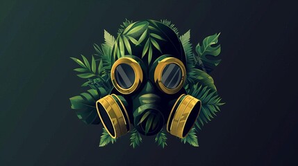 A gas mask with green leaves and vines growing around it.