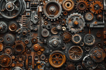 Metallic mastery, A detailed exploration of gears and mechanical parts, set in the creativity of a workshop 