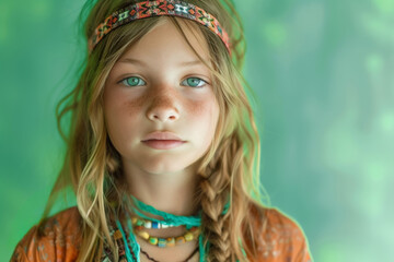 Fototapeta premium Portrait of a Blond-Haired Hippie Girl with a Headband and Beaded Necklaces