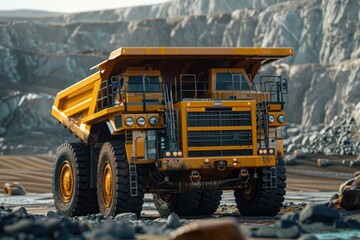 A large yellow dump truck driving through a rocky field. Perfect for construction and industrial concepts