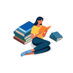 A girl wearing a yellow T-shirt sitting among a stack of books, reading.