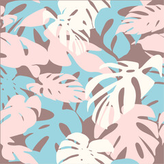 A fully editable seamless pattern in pastel colors with elements of tropical plant silhouettes. Digital illustration for fabrics, wallpaper, textiles, packaging paper, printing products, advertising