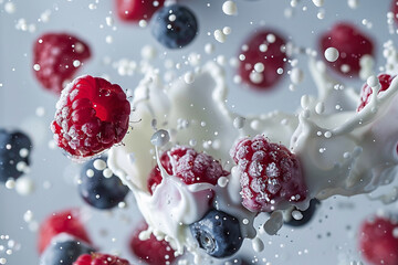 Mixed berries in a splash of cream or yogurt, suspended in air, Flying Food shot, studio lighting