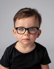 ID Photo for Passport : European baby boy with straight short black hair and blue eyes, with glasses and wearing a black t-shirt