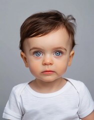 Fototapeta premium ID Photo for Passport : European baby boy with straight short black hair and blue eyes, without glasses and wearing a white t-shirt