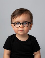 ID Photo for Passport : European baby boy with straight short black hair and blue eyes, with glasses and wearing a black t-shirt