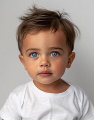 Fototapeta premium ID Photo for Passport : European baby boy with straight short black hair and blue eyes, without glasses and wearing a white t-shirt