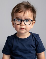ID Photo for Passport : European baby boy with straight short black hair and blue eyes, with glasses and wearing a navy t-shirt