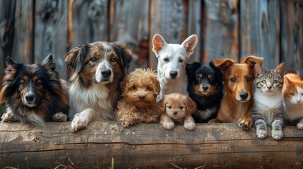 Collection of dogs and cats sitting together next to a wooden background