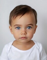 ID Photo for Passport : European baby boy with straight short black hair and blue eyes, without glasses and wearing a white t-shirt