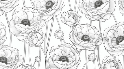 Line art ranunculus background. Abstract backdrop with floral outlines - obrazy, fototapety, plakaty