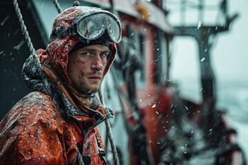 A close-up of a Caucasian male fisherman wearing goggles and an orange jacket with snowflakes on it
