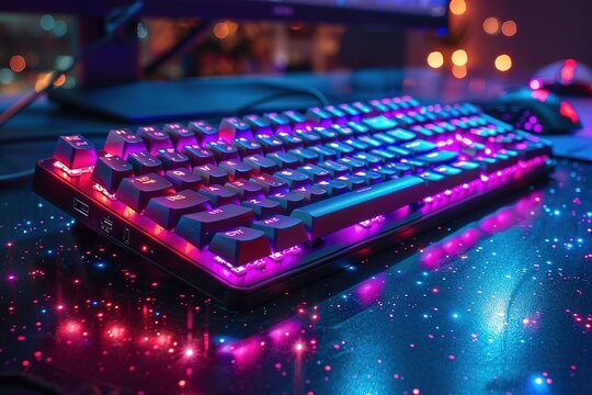 Gaming keyboard with RGB light. White mechanical keyboard and mouse with backlight free space for text