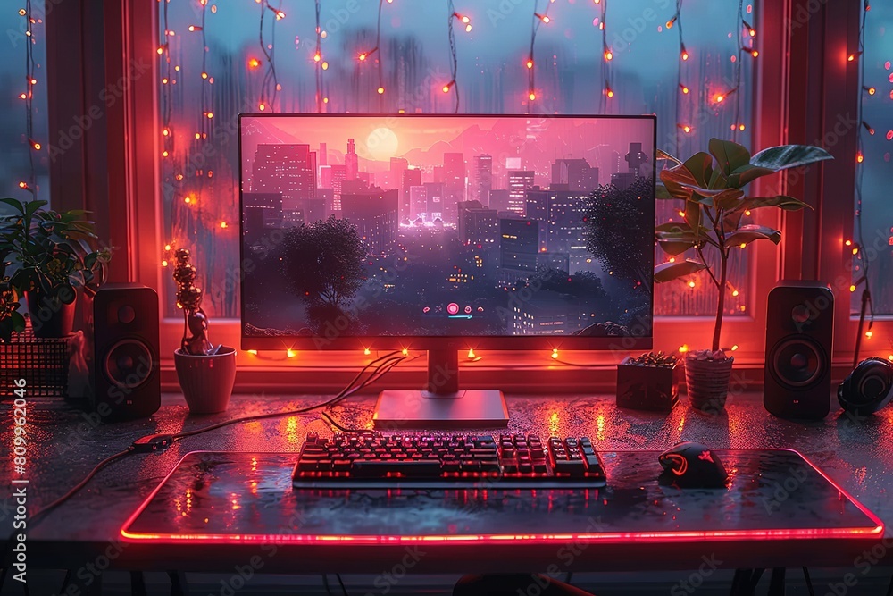 Poster gradient illuminated neon gaming desk setup with keyboard free space for text