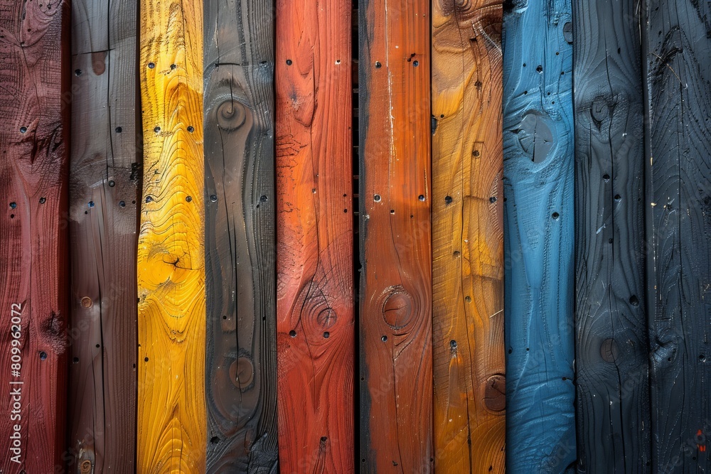 Poster a colorful array of wooden planks painted in a variety of vibrant hues creating a striking pattern