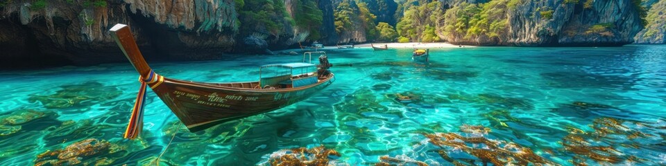 Fototapeta na wymiar Koh Phi Phi s Captivating Emerald Waters with Longtail Boats Amid Limestone Cliffs and Pristine