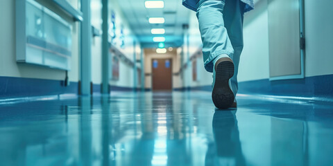 Fototapeta premium Doctor or nurse in scrubs walking down a hallway of a hospital ward