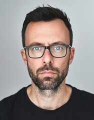 ID Photo for Passport : European adult man with straight short black hair and blue eyes, medium beard, with glasses and wearing a black t-shirt