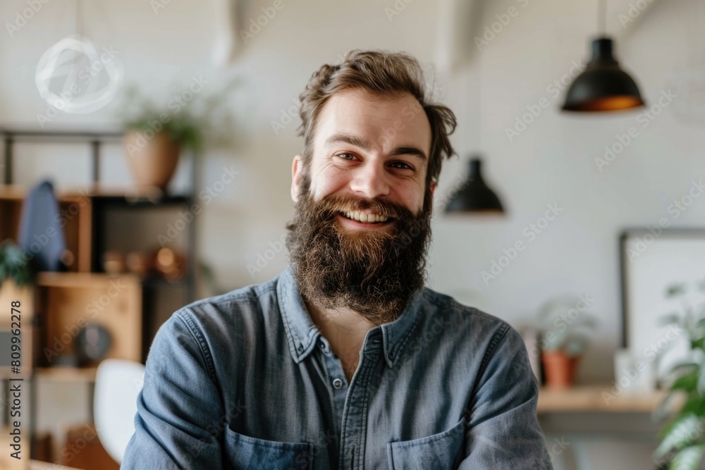 Poster a man with a beard smiling at the camera, suitable for various concepts and projects