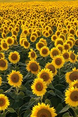 Aerial view of a sunflower field with a flock of birds taking flight, creating a dynamic contrast against the yellow blooms