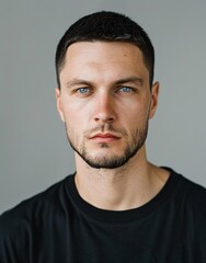 Fototapeta premium ID Photo for Passport : European adult man with straight short black hair and blue eyes, short beard, without glasses and wearing a black t-shirt