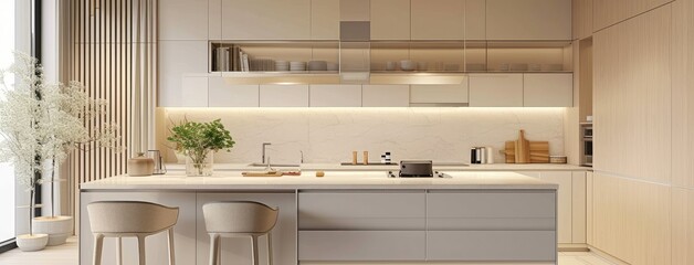 Elegant Modern Kitchen Interior with Warm Lighting