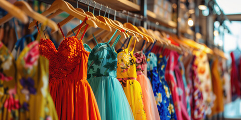 Elegant formal dresses for sale in luxury modern shop boutique.