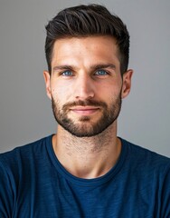 ID Photo for Passport : European adult man with straight short black hair and blue eyes, short beard, without glasses and wearing a navy t-shirt