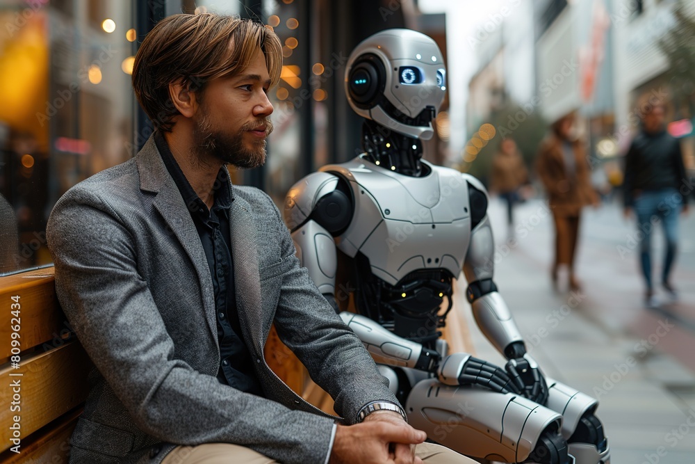Poster man and ai robot waiting for a job interview free space for text