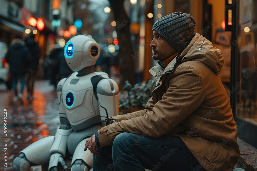Poster man and ai robot waiting